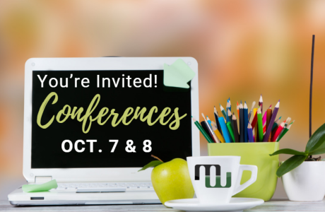 Computer screen with Conferences dates - October 7 & 8, surrounded by school items