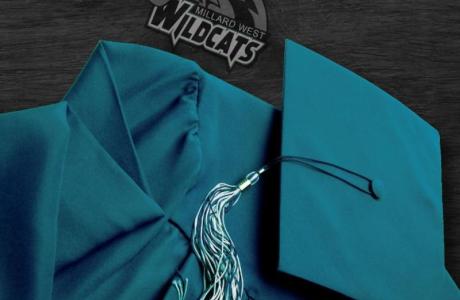 Graduation cap and gown laying next to a Millard West Logo