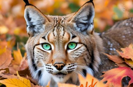 Image of a wildcat laying in fall leaves