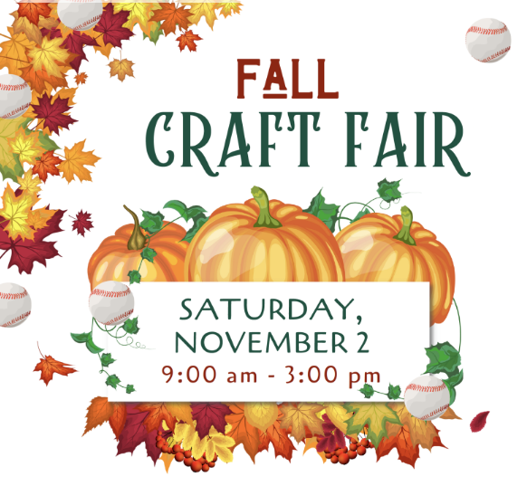 Image of pumpkins and leaves with the text "Fall Craft Fair: Saturday, November 2, 9 am to 3 pm.