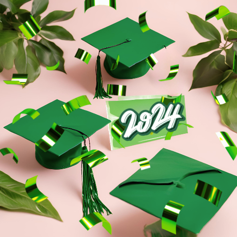Green graduation caps on a pink background and falling green confetti