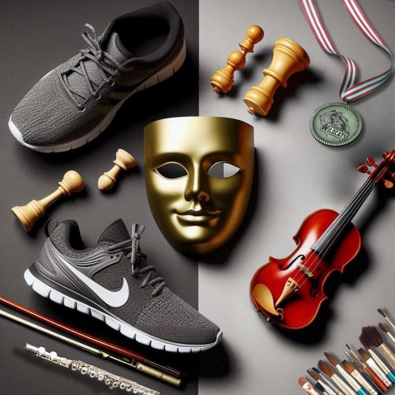 Athletic shoes, theater mask, violin, flute, chess pieces and medal on a gray and black background