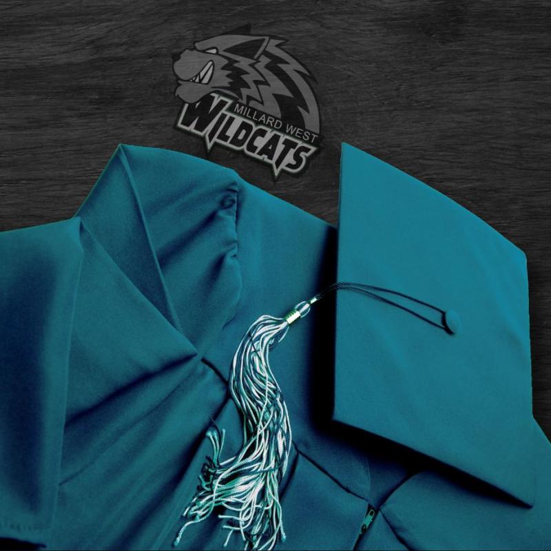 Image of green grad cap and gown on a black surface with a wildcat logo above it