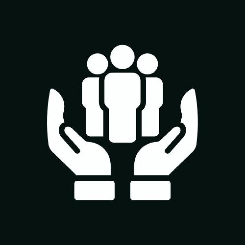 Black and White icon of hands holding up community members