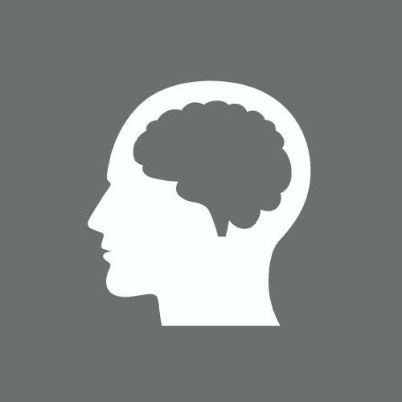 Gray and white icon of a brain