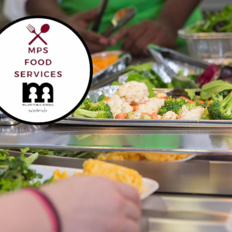 Image of a cafeteria line with fruit and vegetables with a MPS Food Services logo