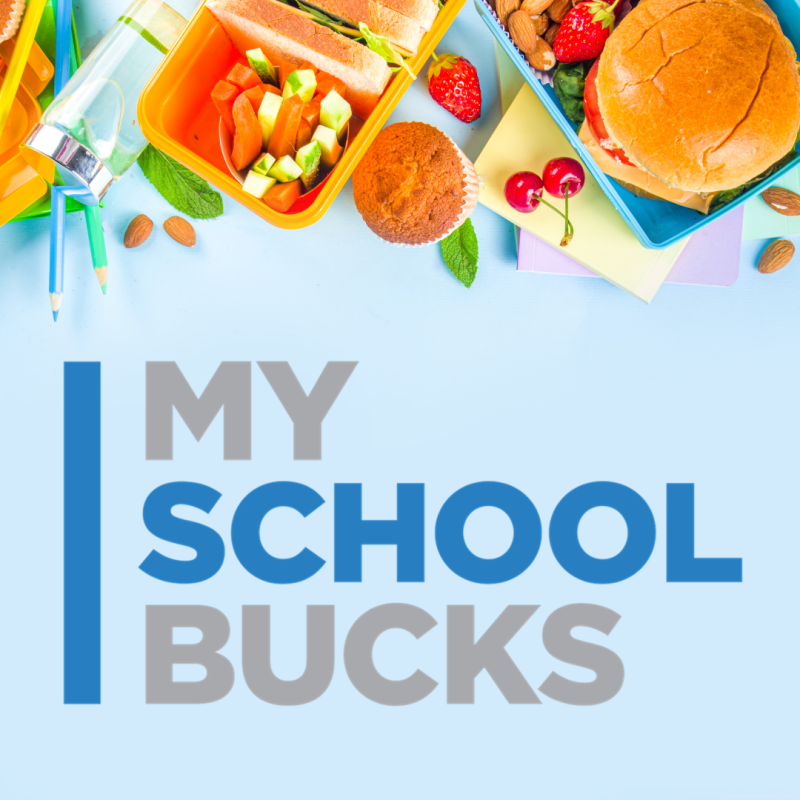 My School Buck logo with school lunch items across the top